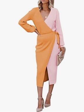 Linsery Women's V Neck Long Sleeve Belted Ribbed Midi Dress